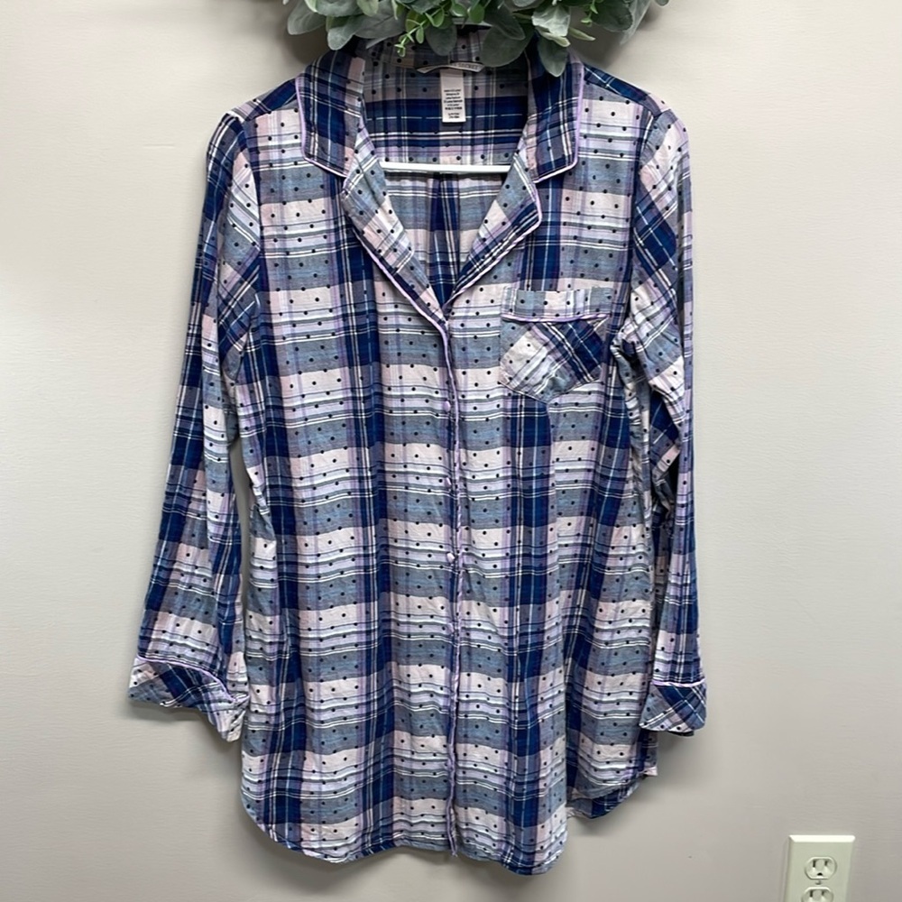 Victoria’s Secret Button Front Sleep Shirt Nightgown Plaid Polka Dot S